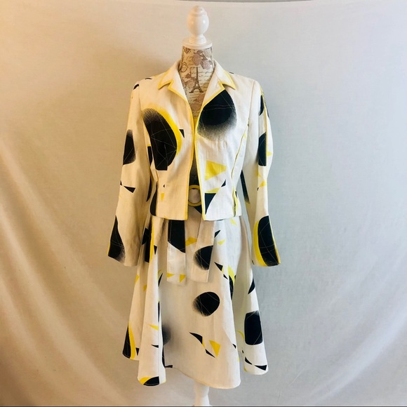 Vintage 90s Alberto Makali Dress and Jacket White Black Yellow Print Size 4 & 6 - Picture 2 of 16